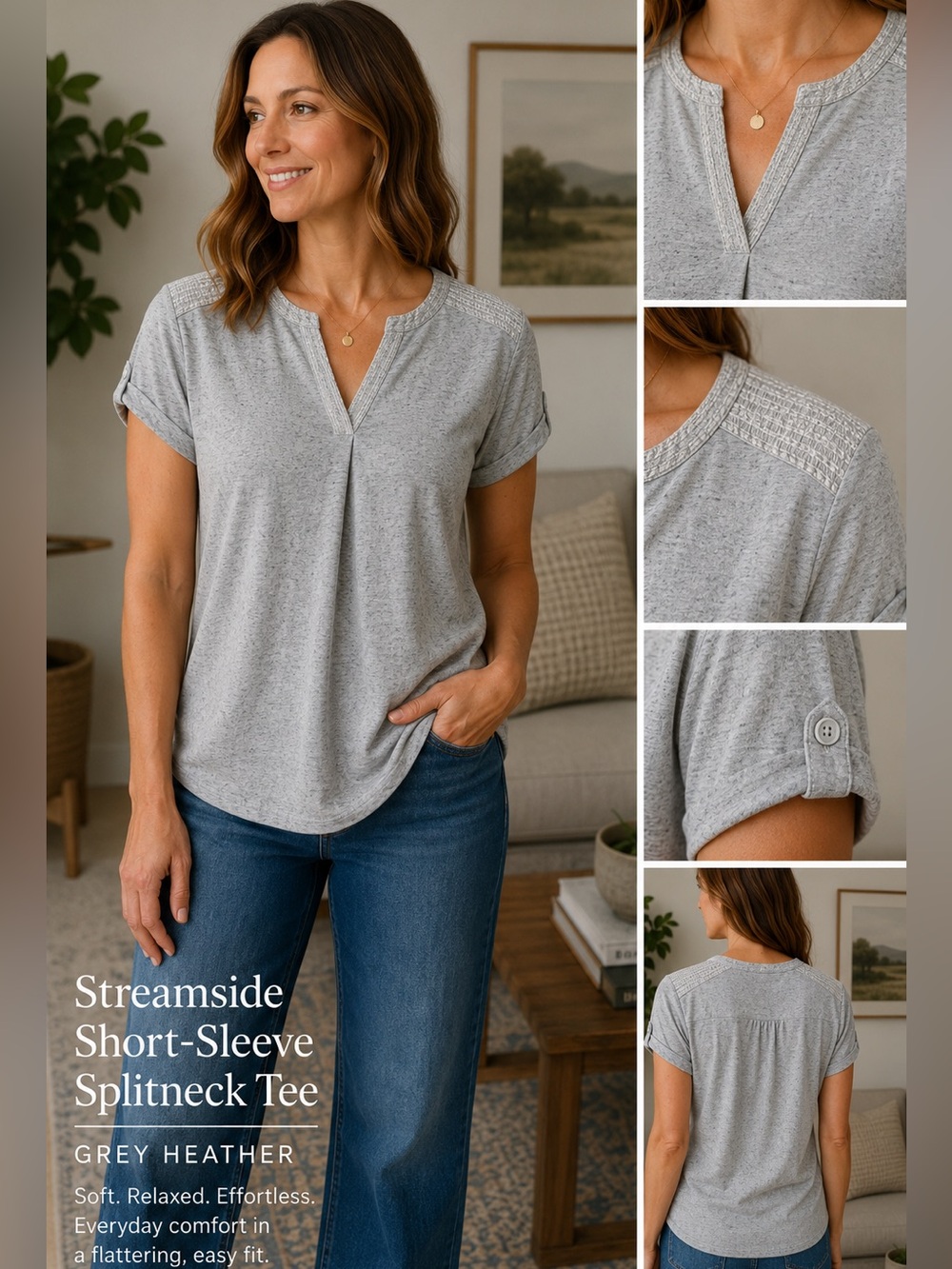 L.L. Bean Streamside Short-Sleeve Splitneck Tee Grey Heather